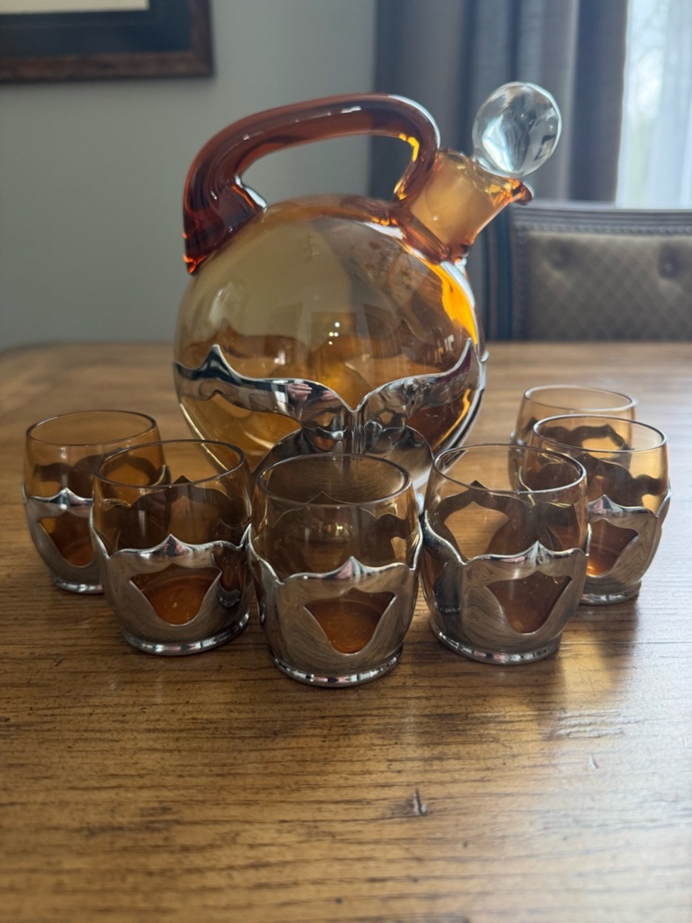 FARBER BROTHERS ART DECO Decanter and Shot Glass Set - 8 Piece | Amber Glass VTG